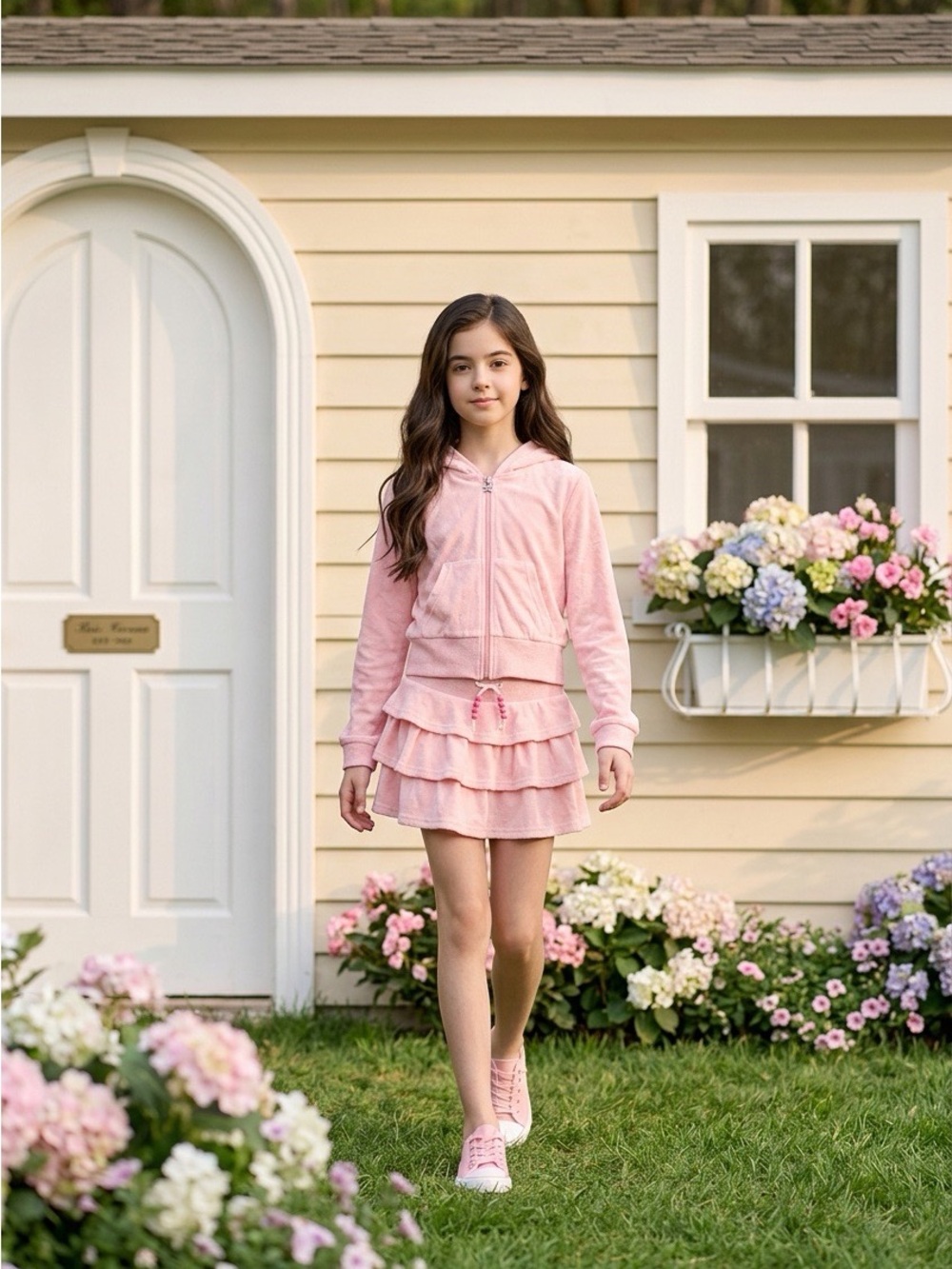 Lola + The Boys Pink Hooded Zip Velour Margot Set with Tiered Skirt Size 12 NWT
